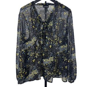 Lane Bryant Sheer Floral‎ Tie Neck Blouse Top Plus Size 14/16 Long Sleeve